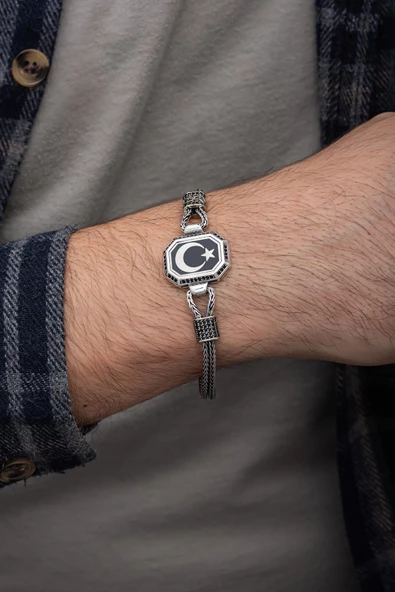 Ayyıldız Desenli 925 Gümüş Künye Bileklik - 4