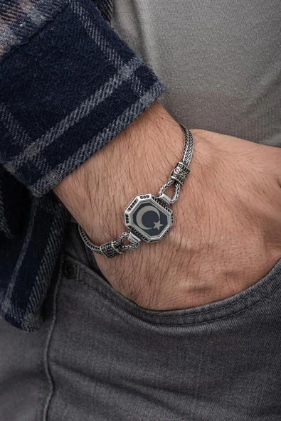 Ayyıldız Desenli 925 Gümüş Künye Bileklik - 7