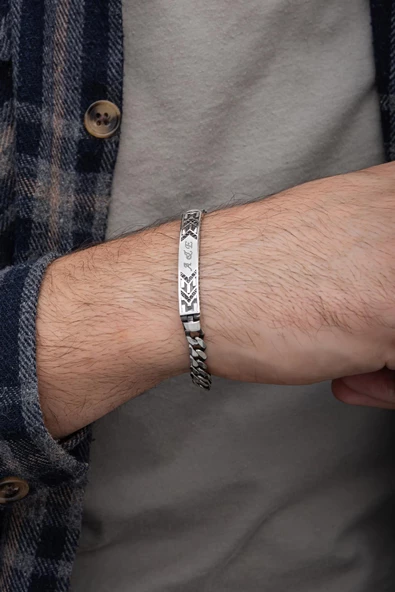 İsimli Taşlı Plaka 925 Gümüş Erkek Bileklik - 3