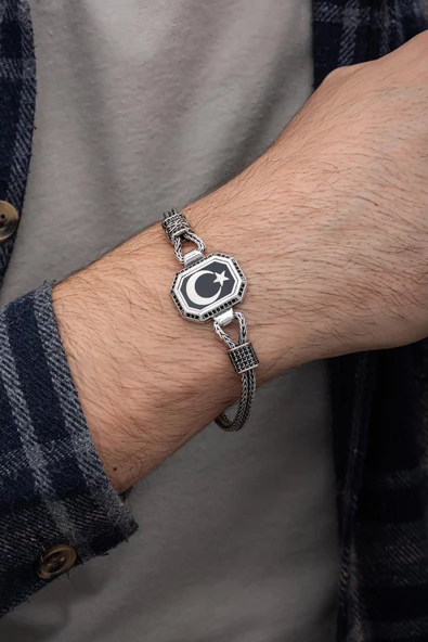 Ayyıldız Desenli 925 Gümüş Künye Bileklik - 6