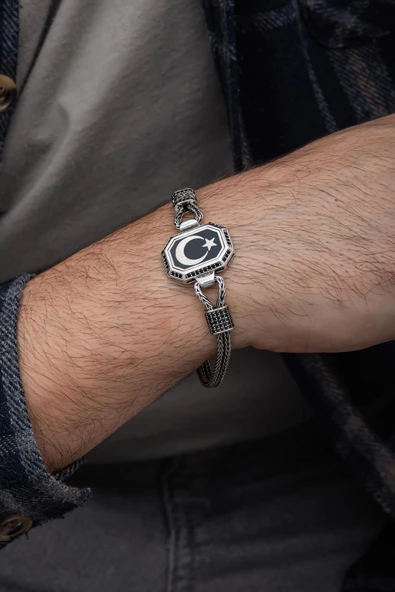 Ayyıldız Desenli 925 Gümüş Künye Bileklik - 3