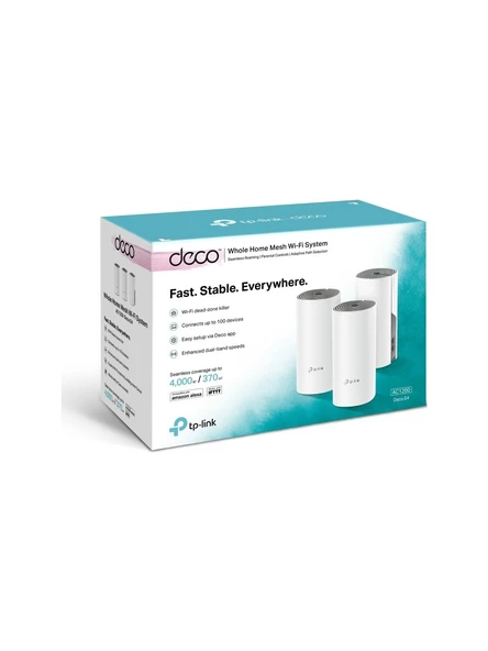 TP-Link Deco E4 (3-Pack), AC1200 Mbps, Dual-Band, 10/100Mbps Portları, 100 Cihaza Kadar Bağlanılabilirlik, 370 m2 - 3