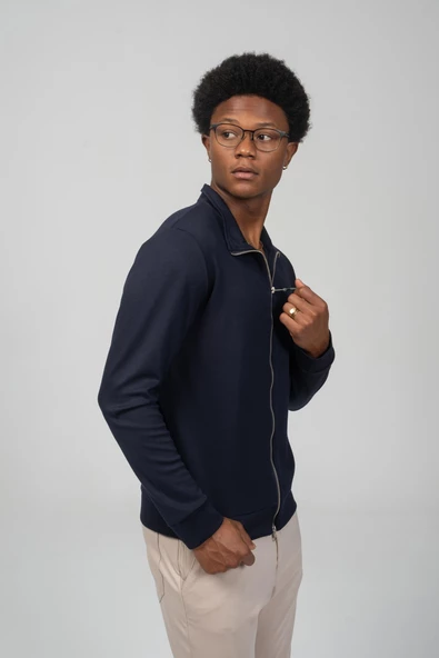 Erkek Teknolojik Kumaş İpeksi Pamuk Düz Önü Çift Fermuar Detaylı Hırka - 9