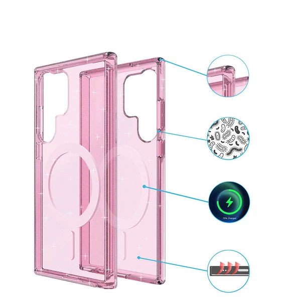 Samsung Galaxy S23 Ultra Kılıf Magsafe Şarj Özellikli Parlayan Simli Saydam Renkli Allstar Kapak - 4