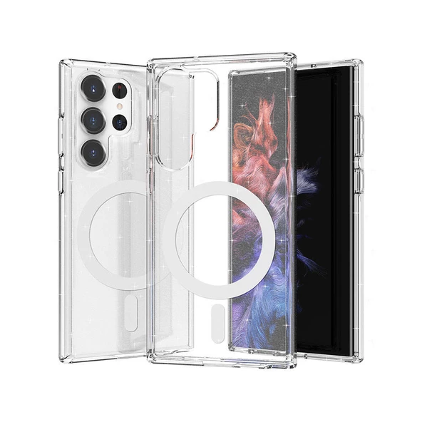 Samsung Galaxy S23 Ultra Kılıf Magsafe Şarj Özellikli Parlayan Simli Saydam Renkli Allstar Kapak - 9