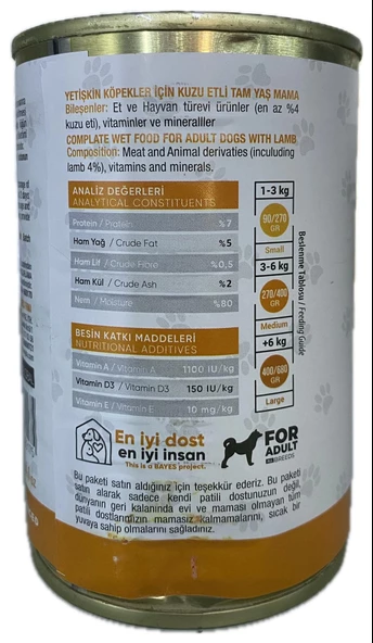 BAYES PREMİUM YETİŞKİN KÖPEK YAŞ MAMA KUZU ETLİ 400GR - 2