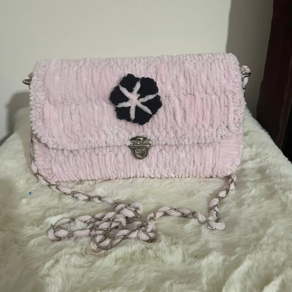 Portanda El Yapımı, Kadife ip, Kanvas Örgü Kadın Omuz Çantası/Abiye Model /Toz Pembe - 3