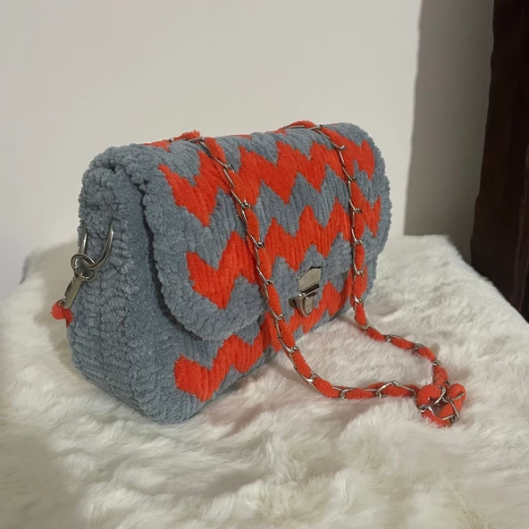 Portanda El Yapımı, Kadife ip, Kanvas Örgü Kadın Omuz Çantası/Abiye Model /Gri-Turuncu - 6