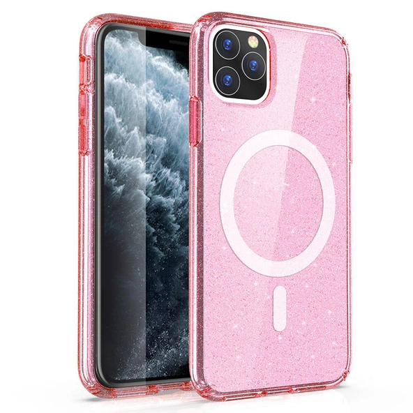 iPhone 11 Kılıf Magsafe Şarj Özellikli Parlayan Simli Saydam Renkli Allstar Kapak - Resim 4