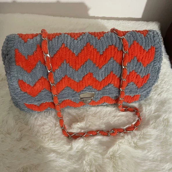 Portanda El Yapımı, Kadife ip, Kanvas Örgü Kadın Omuz Çantası/Abiye Model /Gri-Turuncu - 4