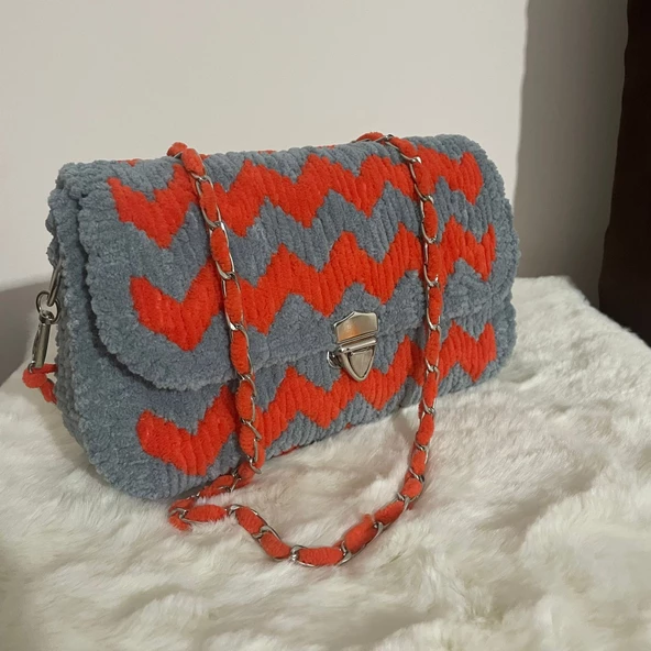 Portanda El Yapımı, Kadife ip, Kanvas Örgü Kadın Omuz Çantası/Abiye Model /Gri-Turuncu