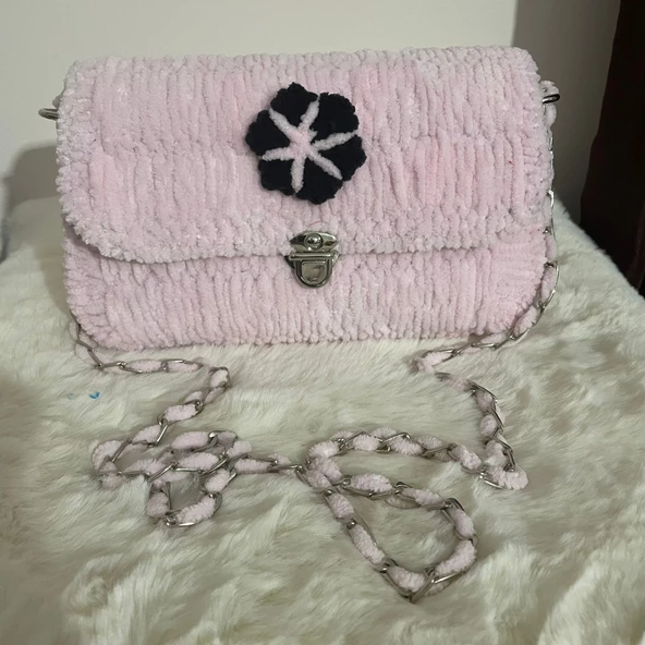 Portanda El Yapımı, Kadife ip, Kanvas Örgü Kadın Omuz Çantası/Abiye Model /Toz Pembe - 2