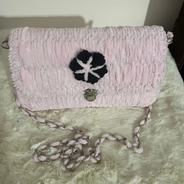 Portanda El Yapımı, Kadife ip, Kanvas Örgü Kadın Omuz Çantası/Abiye Model /Toz Pembe - 5