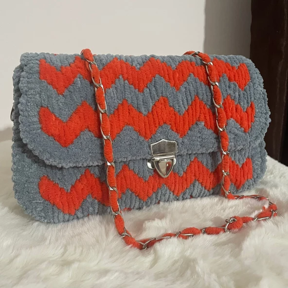 Portanda El Yapımı, Kadife ip, Kanvas Örgü Kadın Omuz Çantası/Abiye Model /Gri-Turuncu - 5