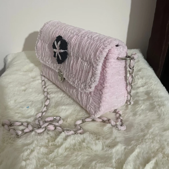 Portanda El Yapımı, Kadife ip, Kanvas Örgü Kadın Omuz Çantası/Abiye Model /Toz Pembe - 4