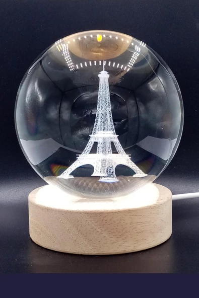 Eyfel Kristal Cam Küre 8cm Led Işıklı Usb Kablolu Ahşap Stantlı Gece Lambası - Resim 12
