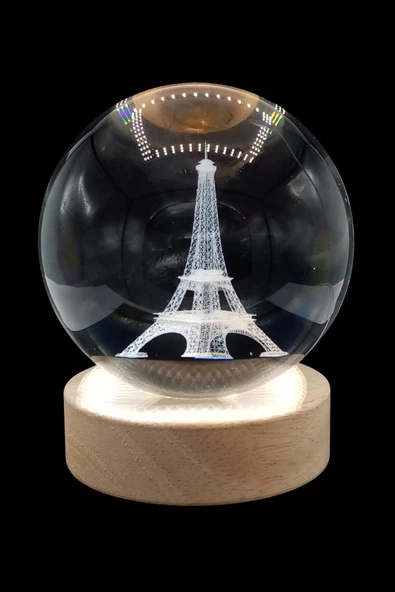 Eyfel Kristal Cam Küre 8cm Led Işıklı Usb Kablolu Ahşap Stantlı Gece Lambası - Resim 6