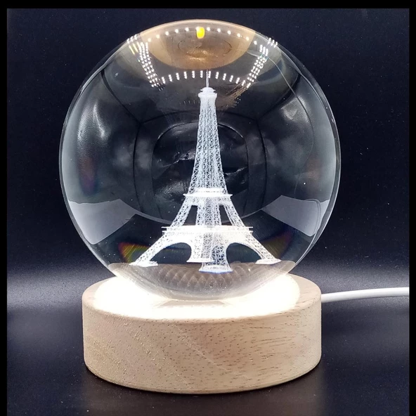 Eyfel Kristal Cam Küre 8cm Led Işıklı Usb Kablolu Ahşap Stantlı Gece Lambası - Resim 5