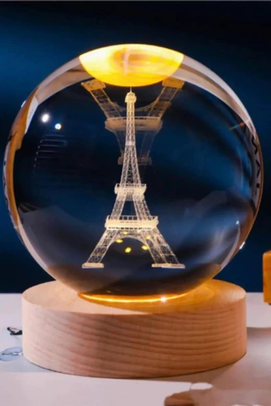 Eyfel Kristal Cam Küre 8cm Led Işıklı Usb Kablolu Ahşap Stantlı Gece Lambası - Resim 7
