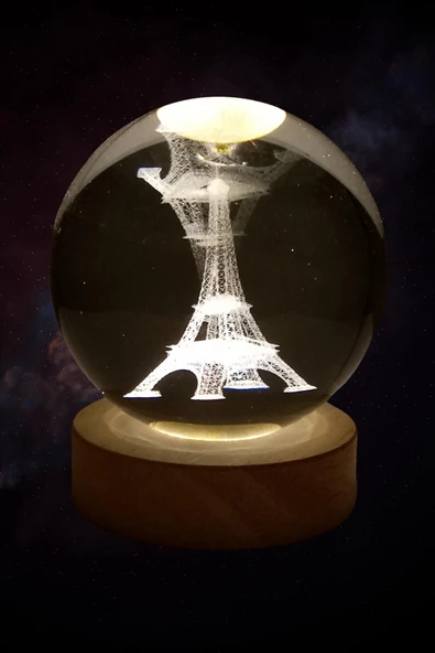 Eyfel Kristal Cam Küre 8cm Led Işıklı Usb Kablolu Ahşap Stantlı Gece Lambası - Resim 10