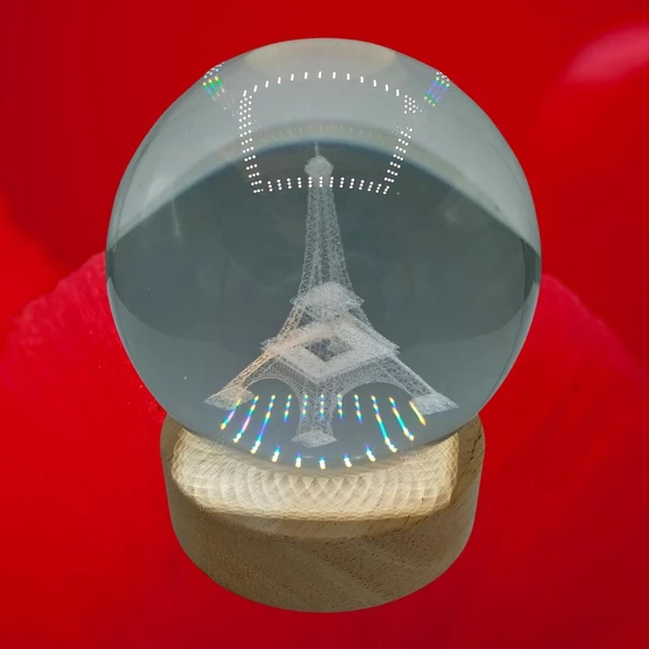 Eyfel Kristal Cam Küre 8cm Led Işıklı Usb Kablolu Ahşap Stantlı Gece Lambası - Resim 4