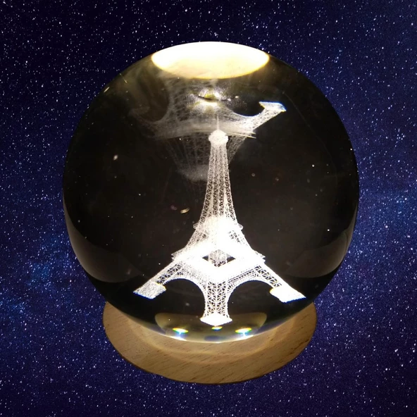 Eyfel Kristal Cam Küre 8cm Led Işıklı Usb Kablolu Ahşap Stantlı Gece Lambası - Resim 3