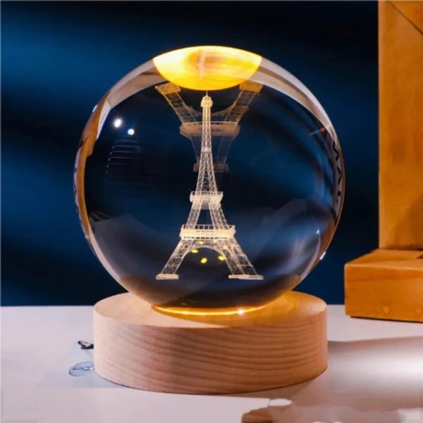 Eyfel Kristal Cam Küre 8cm Led Işıklı Usb Kablolu Ahşap Stantlı Gece Lambası - Resim 2
