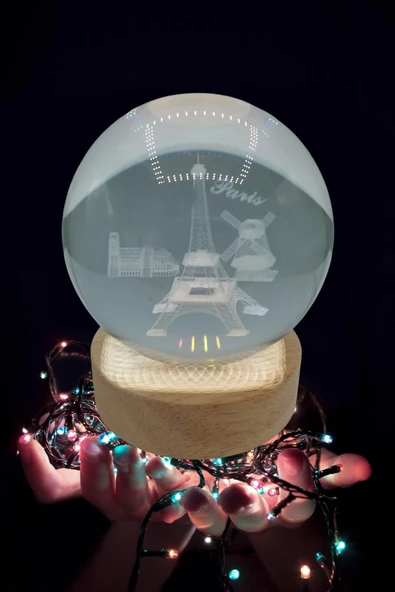 Paris Kristal Cam Küre 8cm Led Işıklı Usb Kablolu Ahşap Stantlı Gece Lambası - Resim 11