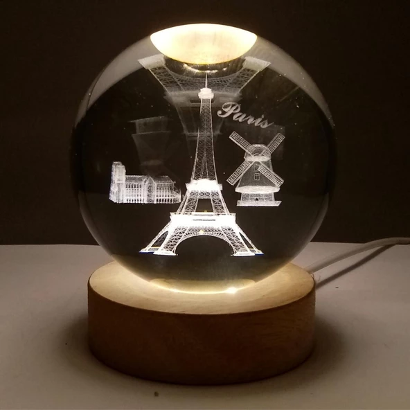 Paris Kristal Cam Küre 8cm Led Işıklı Usb Kablolu Ahşap Stantlı Gece Lambası - Resim 4