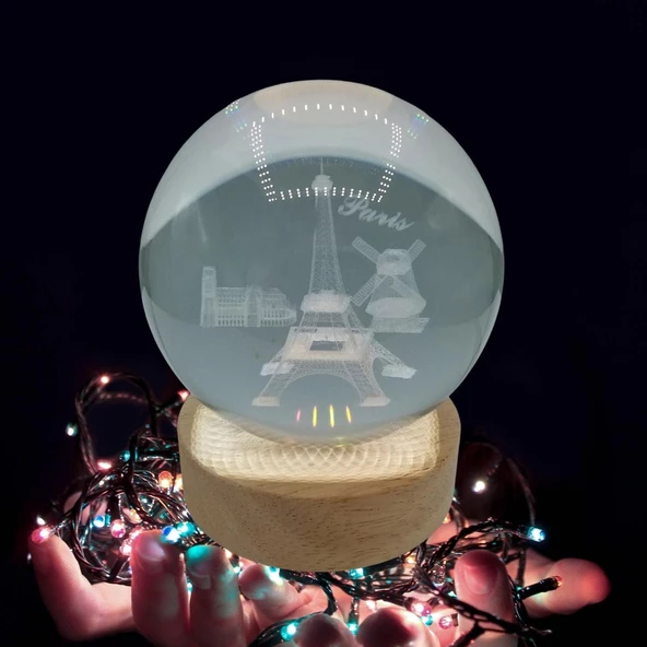 Paris Kristal Cam Küre 8cm Led Işıklı Usb Kablolu Ahşap Stantlı Gece Lambası - Resim 5