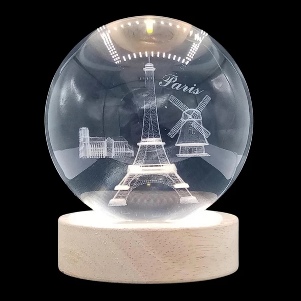 Paris Kristal Cam Küre 8cm Led Işıklı Usb Kablolu Ahşap Stantlı Gece Lambası - Resim 3