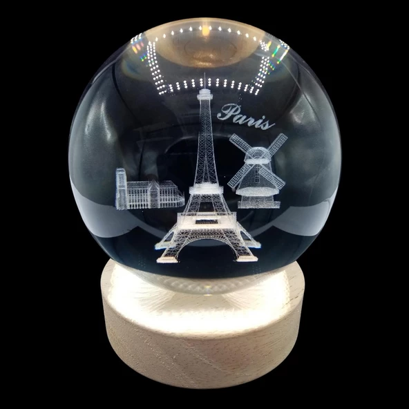 Paris Kristal Cam Küre 8cm Led Işıklı Usb Kablolu Ahşap Stantlı Gece Lambası ürün görseli