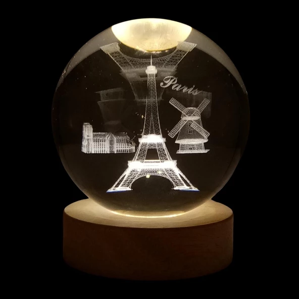 Paris Kristal Cam Küre 8cm Led Işıklı Usb Kablolu Ahşap Stantlı Gece Lambası - Resim 6
