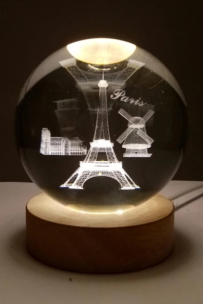 Paris Kristal Cam Küre 6cm Led Işıklı Usb Kablolu Ahşap Stantlı Gece Lambası - 10