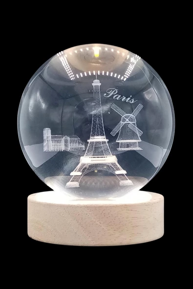 Paris Kristal Cam Küre 6cm Led Işıklı Usb Kablolu Ahşap Stantlı Gece Lambası - 9