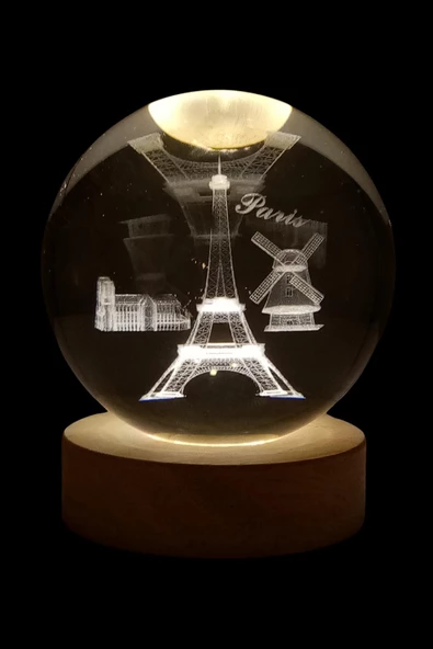Paris Kristal Cam Küre 6cm Led Işıklı Usb Kablolu Ahşap Stantlı Gece Lambası - 12
