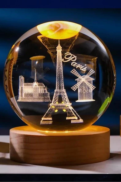 Paris Kristal Cam Küre 6cm Led Işıklı Usb Kablolu Ahşap Stantlı Gece Lambası - 7