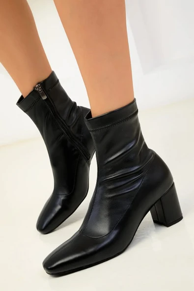 Feles Kadın Dikiş Detaylı Arkası Fermuarlı Streç Topuklu Kadın Bot - Resim 12