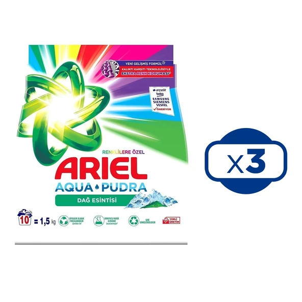 Ariel Dağ Esintisi Renklilere Özel 1,5 Kg Aquapudra Toz Deterjan x 3 Adet
