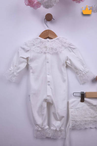 Babyhola %100 Pamuk Kız Bebek Şapkalı Eldivenli Güpürlü Bayramlık Şık Tulum 3658 - 8