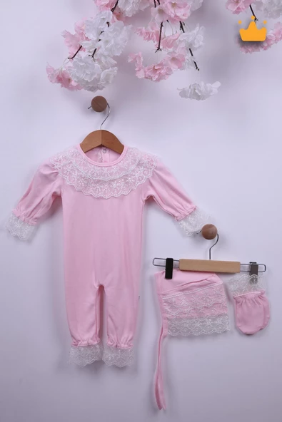 Babyhola %100 Pamuk Kız Bebek Şapkalı Eldivenli Güpürlü Bayramlık Şık Tulum 3658 - 9