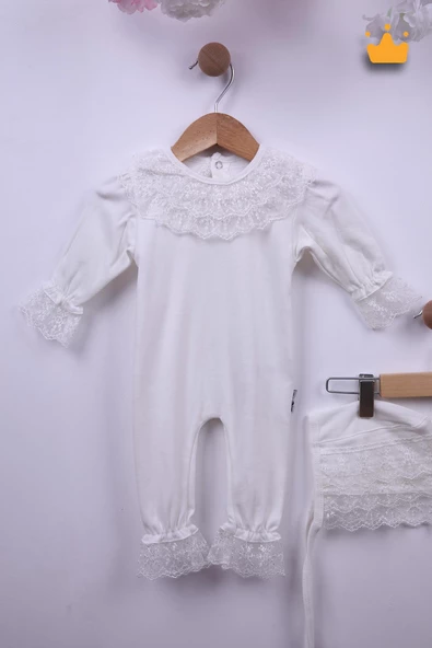 Babyhola %100 Pamuk Kız Bebek Şapkalı Eldivenli Güpürlü Bayramlık Şık Tulum 3658 - 2