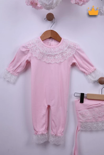 Babyhola %100 Pamuk Kız Bebek Şapkalı Eldivenli Güpürlü Bayramlık Şık Tulum 3658 - 10