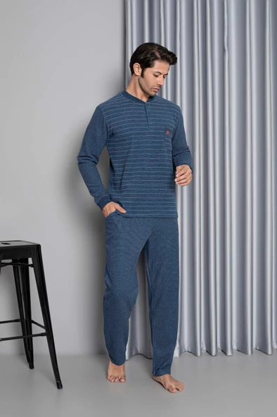 Erkek 3 Düğme Uzun Kol Göğüs Cepli Selanik Kumaş Kışlık Cepli Pijama Takımı - 9