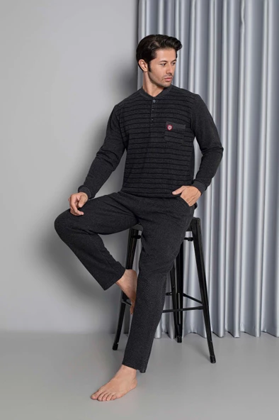 Erkek 3 Düğme Uzun Kol Göğüs Cepli Selanik Kumaş Kışlık Cepli Pijama Takımı - 2