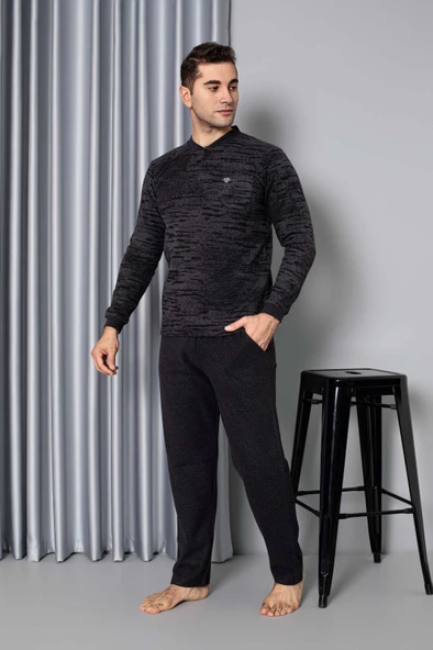 Erkek 3 Düğme Uzun Kol Göğüs Cepli Selanik Kumaş Kışlık Cepli Pijama Takımı - 7