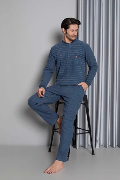 Erkek 3 Düğme Uzun Kol Göğüs Cepli Selanik Kumaş Kışlık Cepli Pijama Takımı - 8