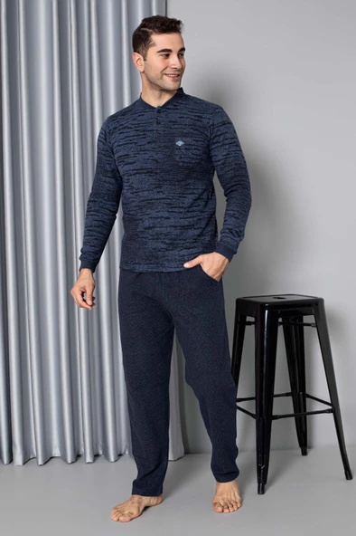 Erkek 3 Düğme Uzun Kol Göğüs Cepli Selanik Kumaş Kışlık Cepli Pijama Takımı - 6