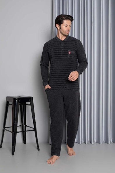 Erkek 3 Düğme Uzun Kol Göğüs Cepli Selanik Kumaş Kışlık Cepli Pijama Takımı - 3