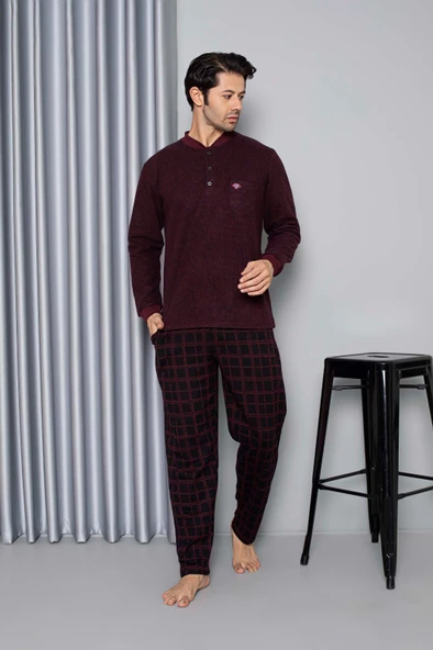 Erkek 3 Düğme Uzun Kol Göğüs Cepli Selanik Kumaş Kışlık Cepli Pijama Takımı - 4